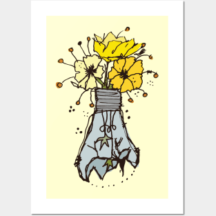 Light bulb with yellow flowers sketch 2 Posters and Art